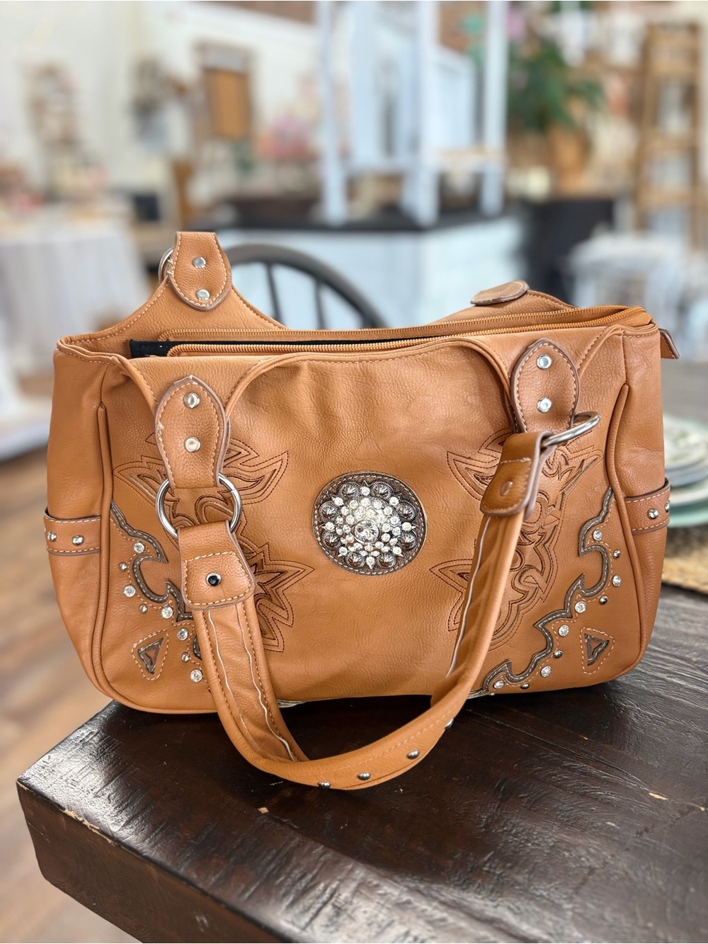 Western style Tan Embellished Women's Shoulder Bag with Crystal Medallion